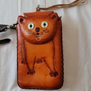 Cute Cat Versatile Handmade Leather Purse / Phone Pouch